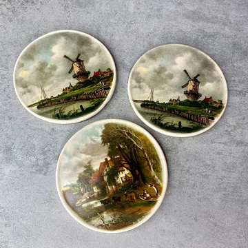 Szélmalom, tájkép motívumos kerámiakép szett parafa alátéttel