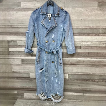 Szaggatott, szegecses hosszú farmerkabát XS-S