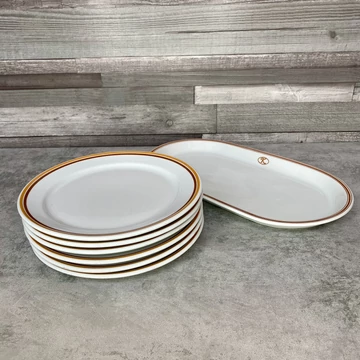 Alföldi porcelán sárga csíkos lapostányér szett kínáló tállal