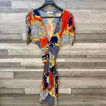 Rouge arany, piros, kék mintás elegáns ruha L