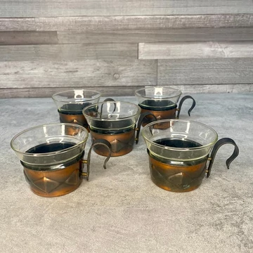 Retro hőálló üvegpoharak fém tartóval 5 főre