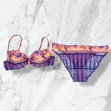 Lisca lila-korall virágmintás push-up bikini 38/B