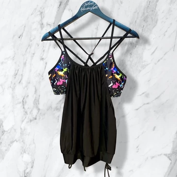 Fekete festékmintás fürdőruha felső XL