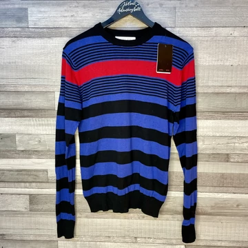 Zara Man piros-kék-fekete csíkos pulóver S