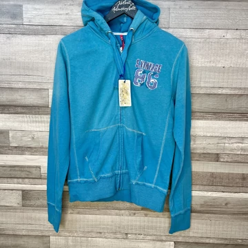 Vintage kék koptatott cipzáras női pulóver több méretben