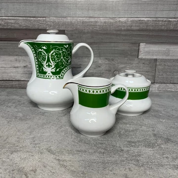 Hollóházi zöld mintás aranyozott porcelán kávés készlet