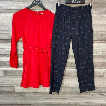 Zara piros ruha, sötétkék kockás nadrág 13-14 év