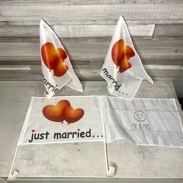 Just Married, Mr. &amp; Mrs. feliratú autóablakra rögzíthető zászlók friss házasoknak