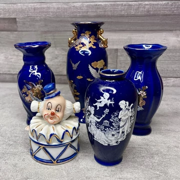 Kék aranyozott porcelán váza, dísz szett