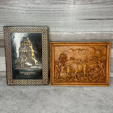 Fából faragott mezőgazdaságot ábrázoló dombormű, Leipzig emlékkép szett