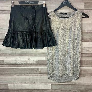 Zara bőrhatűsú szoknya, Reserved hosszított szürke fényes topp szett XS