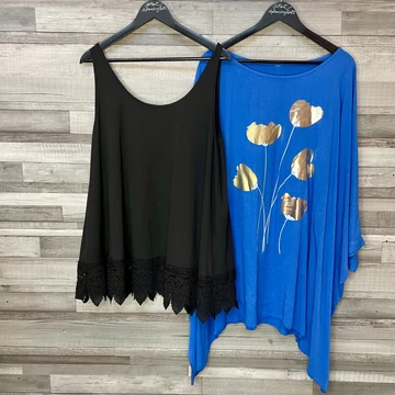 Fekete csipkés top, kék mintás lenge felső szett XXL-XXXL