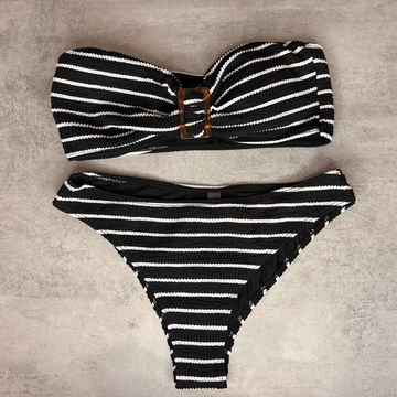 Fekete-fehér csíkos bandeau bikini felső és középmagas derekú bikini alsó  XL