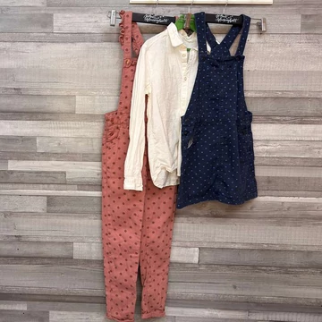 H&amp;M és Little Kids kislány farmer kantáros szoknya, nadrág és fehér ing szett 8-9 év