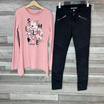 H&amp;M, BwKids lányka rózsaszín-fekete átmeneti outfit 134-140