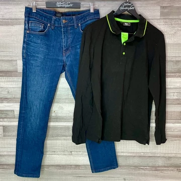 Reserved sötétkék farmernadrág 32, Bonprix fekete galléros férfi póló M szett