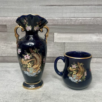 I love Alanya sötétkék aranyozott váza és bögre szett