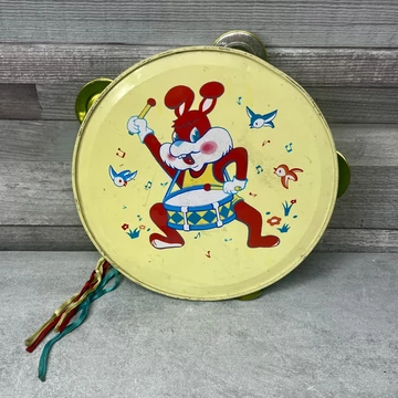 Retro bádog tamburin gyerekdob nyuszi mintával