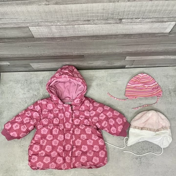 Next pink kislány kabát virágmintával 2 db sapkával szett 9-12 hó