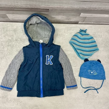 Baby Club sötétkék-szürke kisfiú dzseki 2 db sapkával szett 80