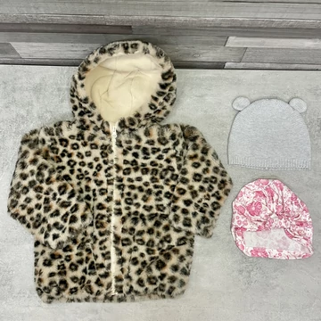 Ergee párducmintás műszőrme kislány kabát 2 db sapkával szett 80-as