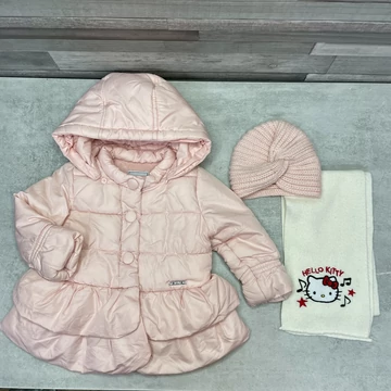 Mayoral Girl rózsaszín fodros kislány kabát sapkával sállal szett 86-os