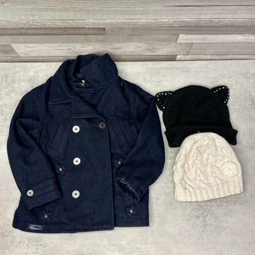 Obaibi sötétkék kislány szövetkabát 2 db sapkával 98-104 szett