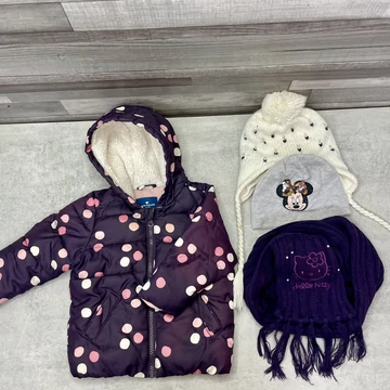 Tom Tailor lila pöttyös kislány kabát 2 db sapkával, 1 db sállal szett 80-as