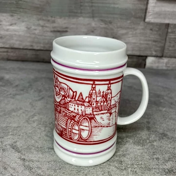 Hollóháza Hungary, Hollóházi porcelán kis sörös korsó piros mintával