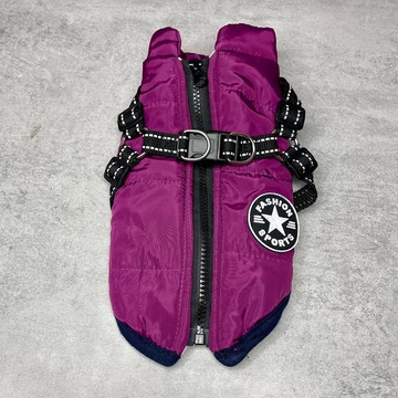 Lila kistestű kutya ruha beépített hámmal