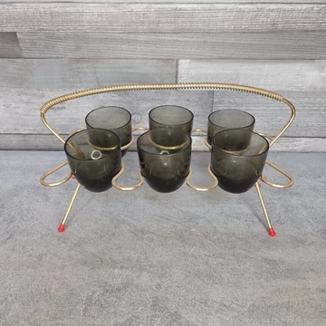 Retro füstüveg felespohár szett fém állványon