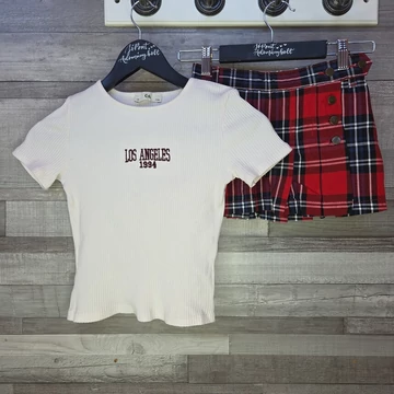 C&amp;amp;A feliratos póló és We kockás rakott miniszoknya lány szett, 128-146