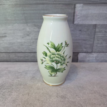 Hollóházi porcelán kisméretű zöld virágmintás váza