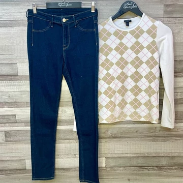 Skinny Ankle Regular Waist sötétkék farmernadrág 27, Gant fehér-barna-rózsaszín hosszú ujjú felső S szett