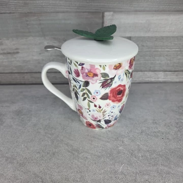 Tavaszi mintás kerámia bögre fém teaszűrő betéttel