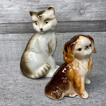 Vintage porcelán cica, kutya figura szett