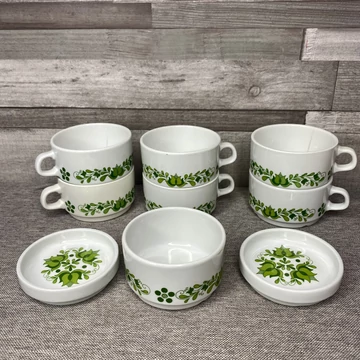 Alföldi Porcelán zöld levélmintás csésze szett