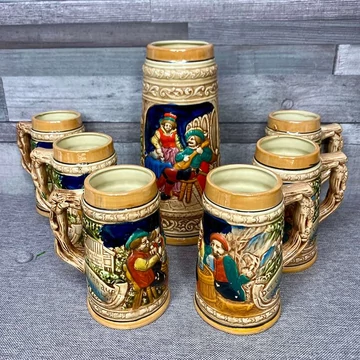 Japán kerámia kocsmajelenettel díszített nagy korsó 6 db kisebb korsóval