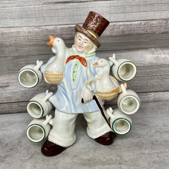 Retro Liba árus ital tartó porcelán dísz pálinkás poharakkal