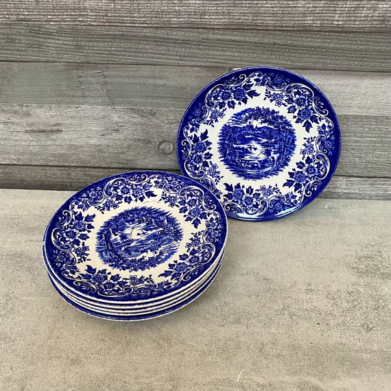 Vintage English Broadhurts Staffordshire Scenic kék-fehér teáscsésze szett