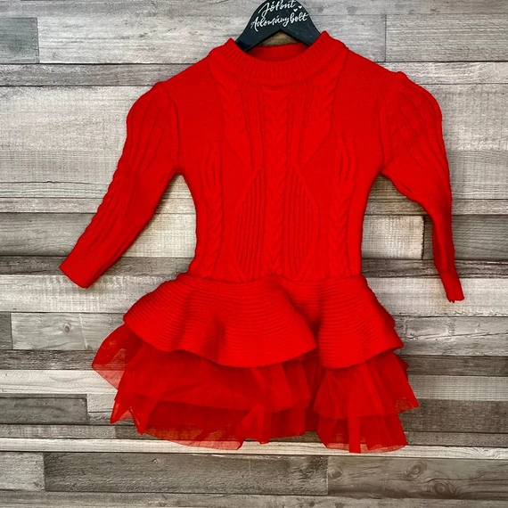 Piros kötött fodros lány ruha 5-7 év