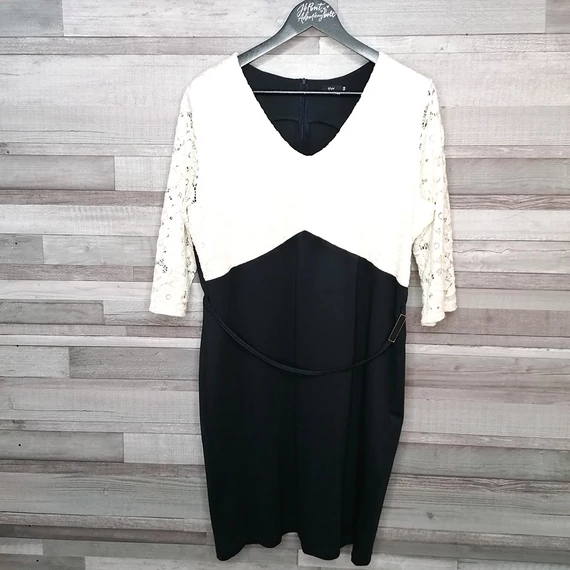 Mya női fekete-fehér csipkés alkalmi ruha övvel 48