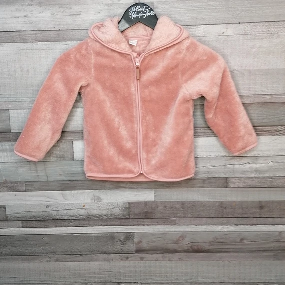 H&amp;M púderszínű szőrös kislány kapucnis kardigán bőr cipzárral 104