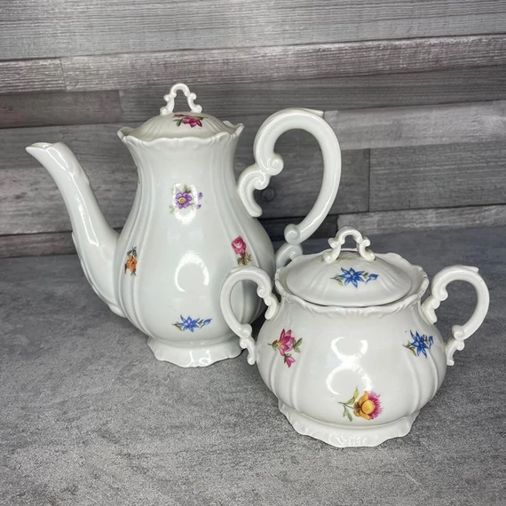 Zsolnay Pécs régi barokk apró virágos porcelán teás készlet