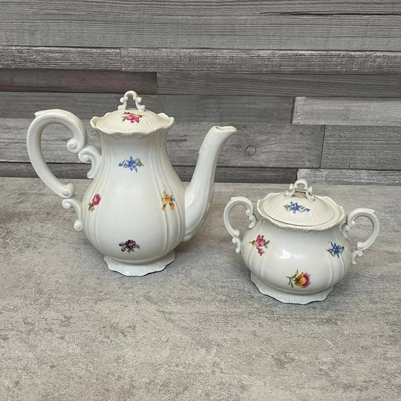 Zsolnay Pécs régi barokk apró virágos porcelán teás készlet