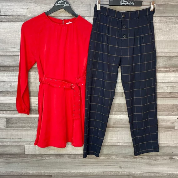 Zara piros ruha, sötétkék kockás nadrág 13-14 év