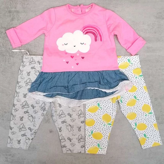 F&amp;F kislány vidám felhős ruha szett 3-6 hó