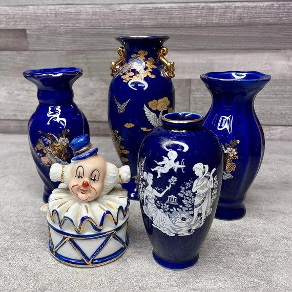 Kék aranyozott porcelán váza, dísz szett