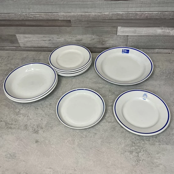 Zsolnay kék csíkos porcelán tányér szett