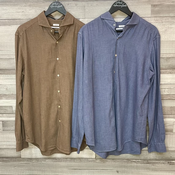 Caliban Contemporary fit barna-kék férfi ing szett L